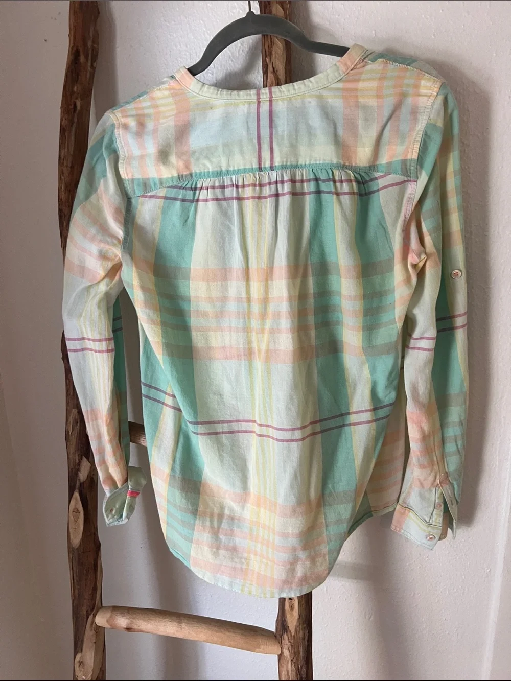 HOLDING HORSES Pastel Plaid Button-Down Soft Cotton Shirt Mint, Peach, Yellow 4